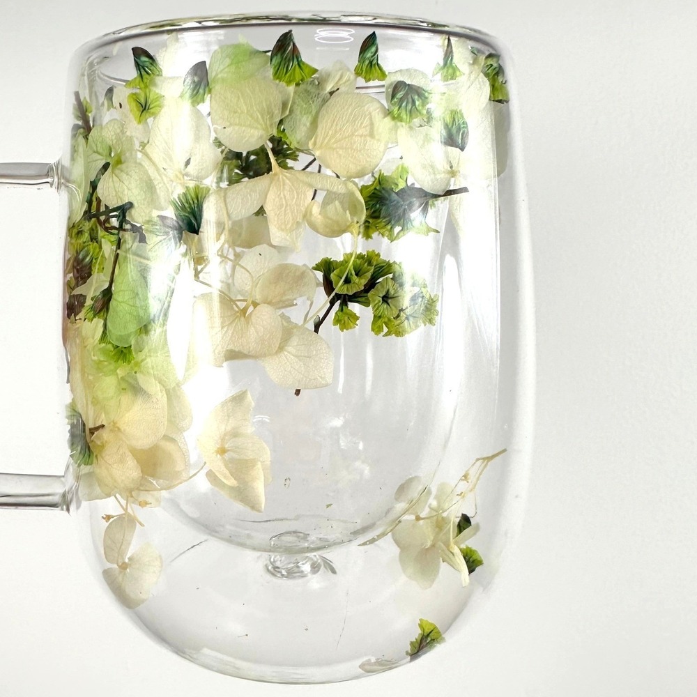 6 Double Wall Glass Floral Mugs Clear Botanical Tea Coffee Cups Home NEW Cottage